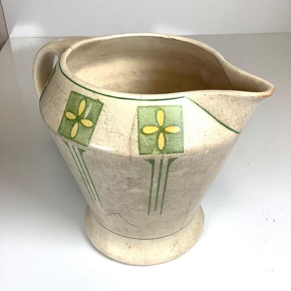 Vtg Roseville Pottery Creamware Art Deco Lemonade Pitcher Cream & Green READ - Picture 1 of 12